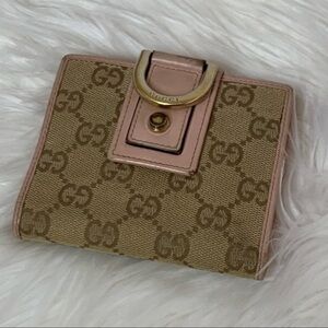 GUCCI GG Monogram Trifold Wallet Pink Leather Trims Authentic